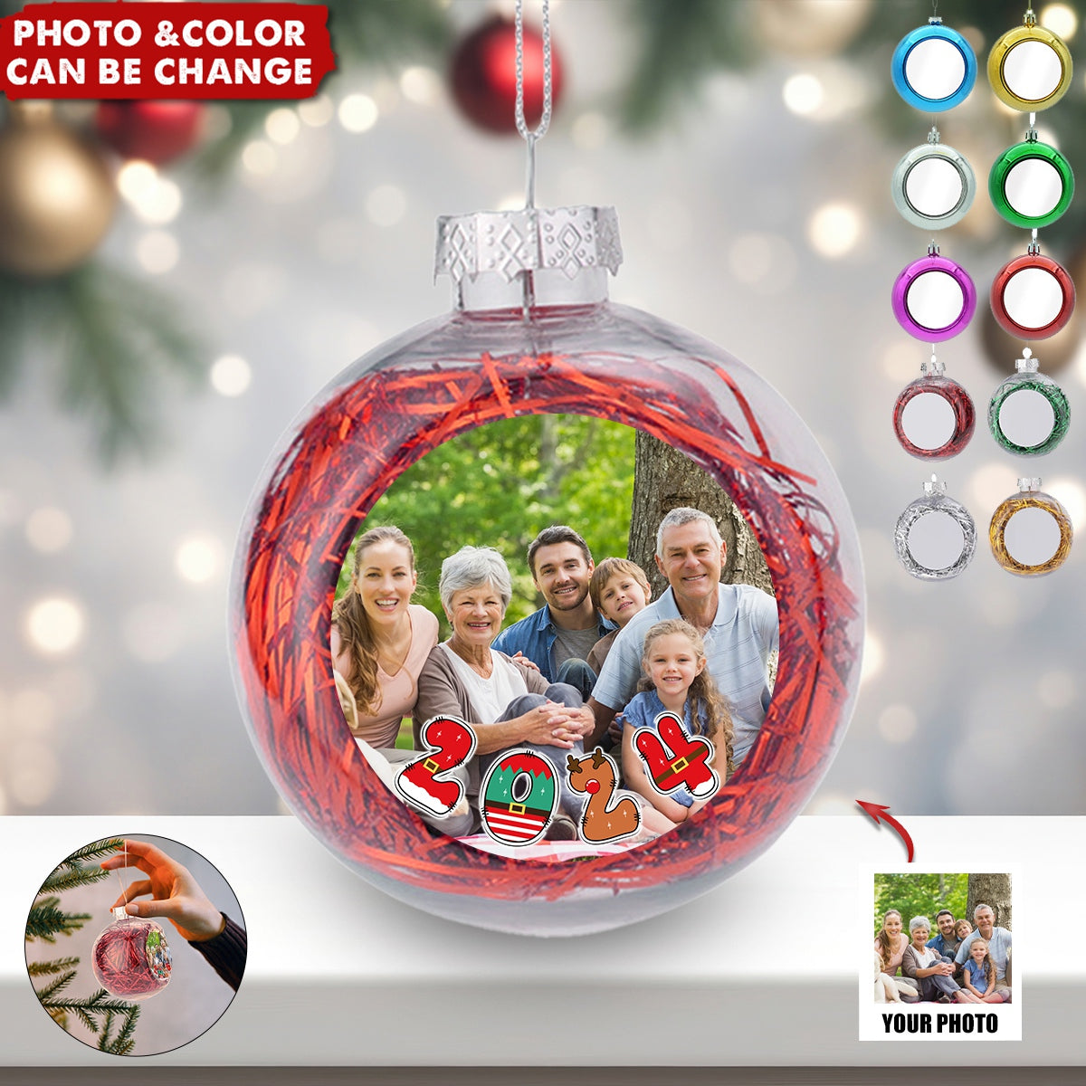 Personalized Christmas Photo Round Ball Ornament - Family Merry Xmas 2024