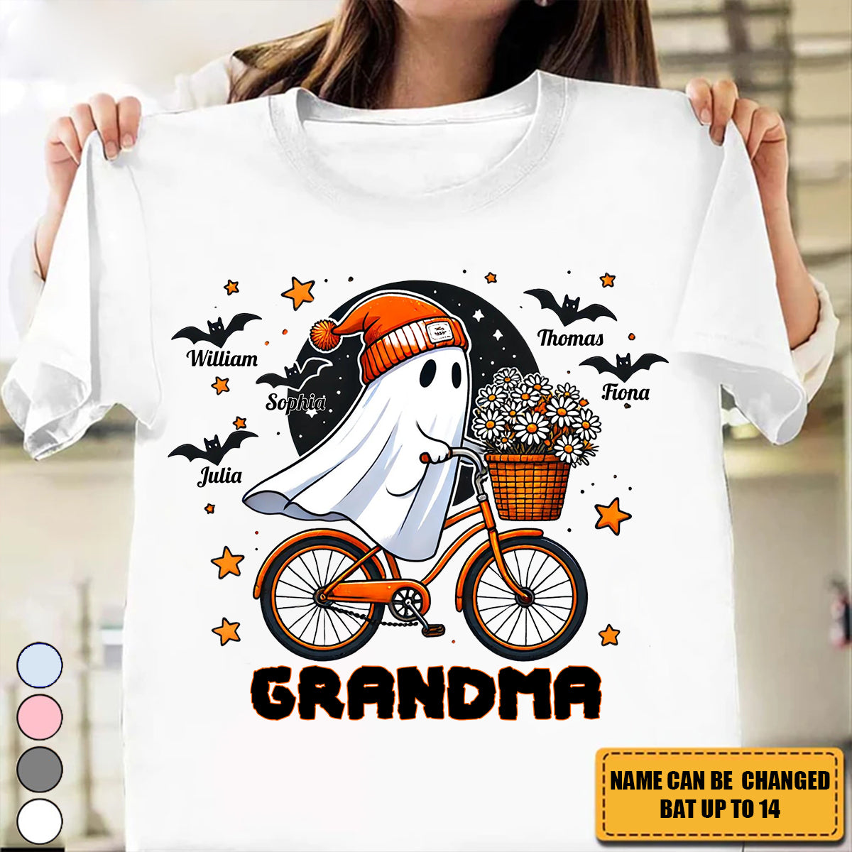 Grandma Ghost Riding Bike And Bat Kid Names - Personalized Halloween Spandex T-Shirt