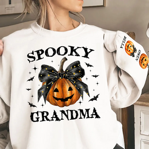 Personalized Sleeve Printed Sweatshirt - Spooky Grandma Mom Halloween Pumpkin