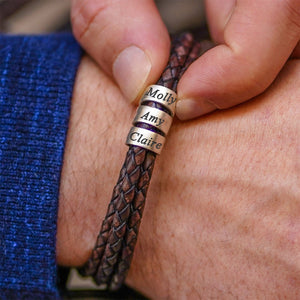 Personalized Men Braided Leather Bracelet with Small Custom Beads