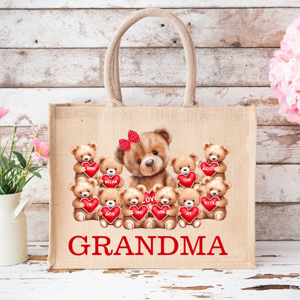 Personalized Grandma Bear With Cute Little Bear Kids Jute Tote Bag