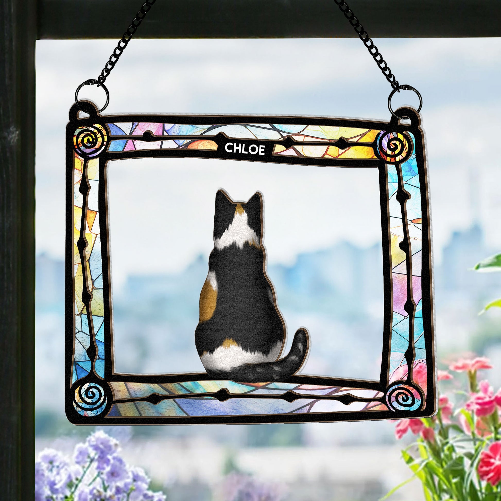 Personalized Window Hanging Suncatcher Ornament - Lovely Cat Sitting In A Colorful Sill Frame