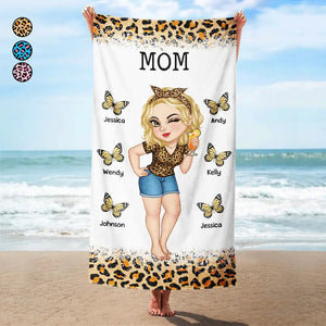 Personalized Soft Beach Towel - Butterflies Leopard Print Girl - Gift For Mom, Grandma, Kids