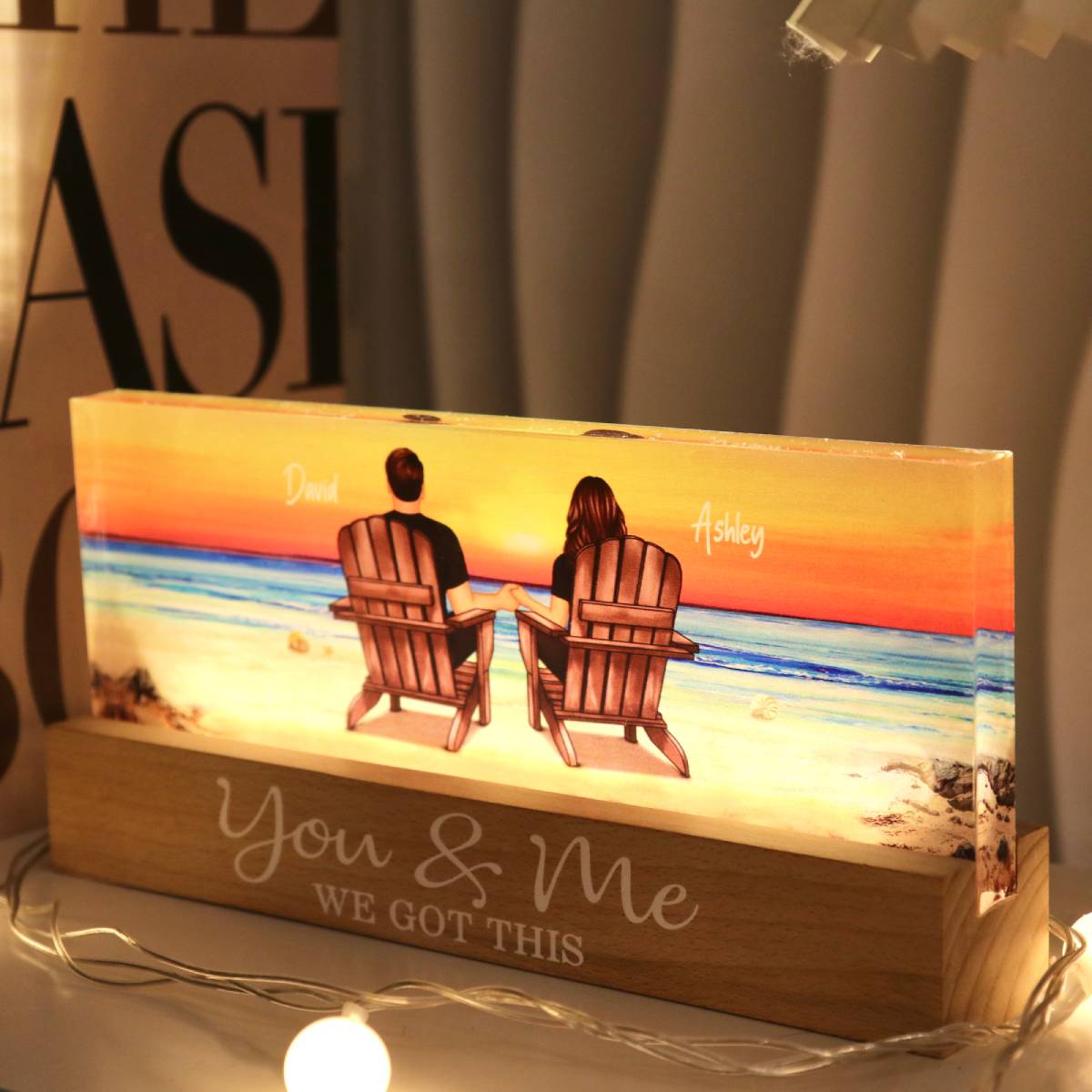 Personalized Acrylic Block LED Night Light - Eternal Sunset Beach Couple - Anniversary Gift For Husband, Wife