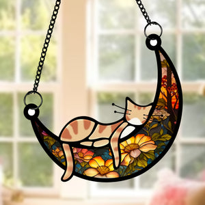 Personalized Window Hanging Suncatcher Ornament Gift - Sleeping Cat And Dog On Moon