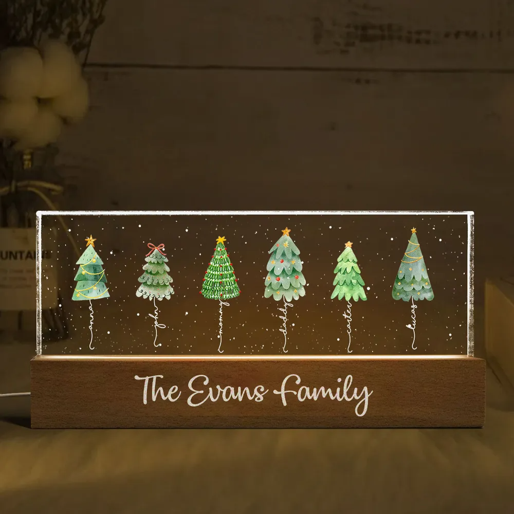 Christmas Tree Family Names - Personalized Chiristmas Acrylic Block LED Night Light