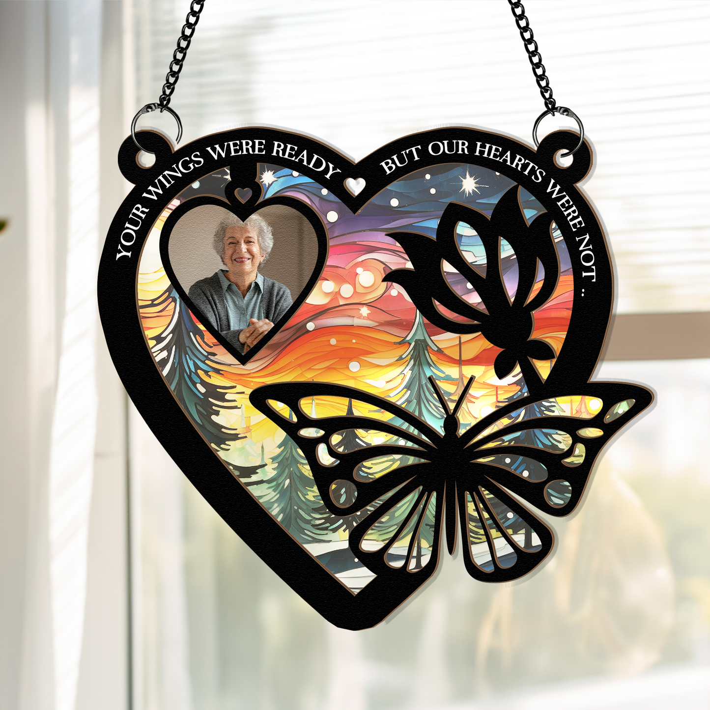 Custom Photo - Your Wings Were Ready - Personalized Window Hanging Suncatcher Ornament