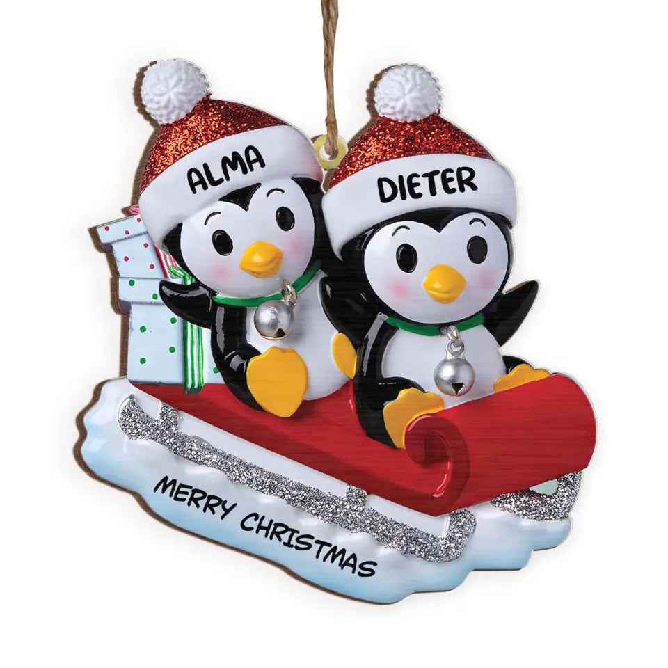 Penguin Family On Sled - Personalized Christmas Wood Ornament