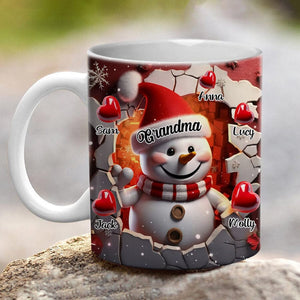 Red Snowman Grandma With Heart Kids - Personalized 15oz Christmas Mug