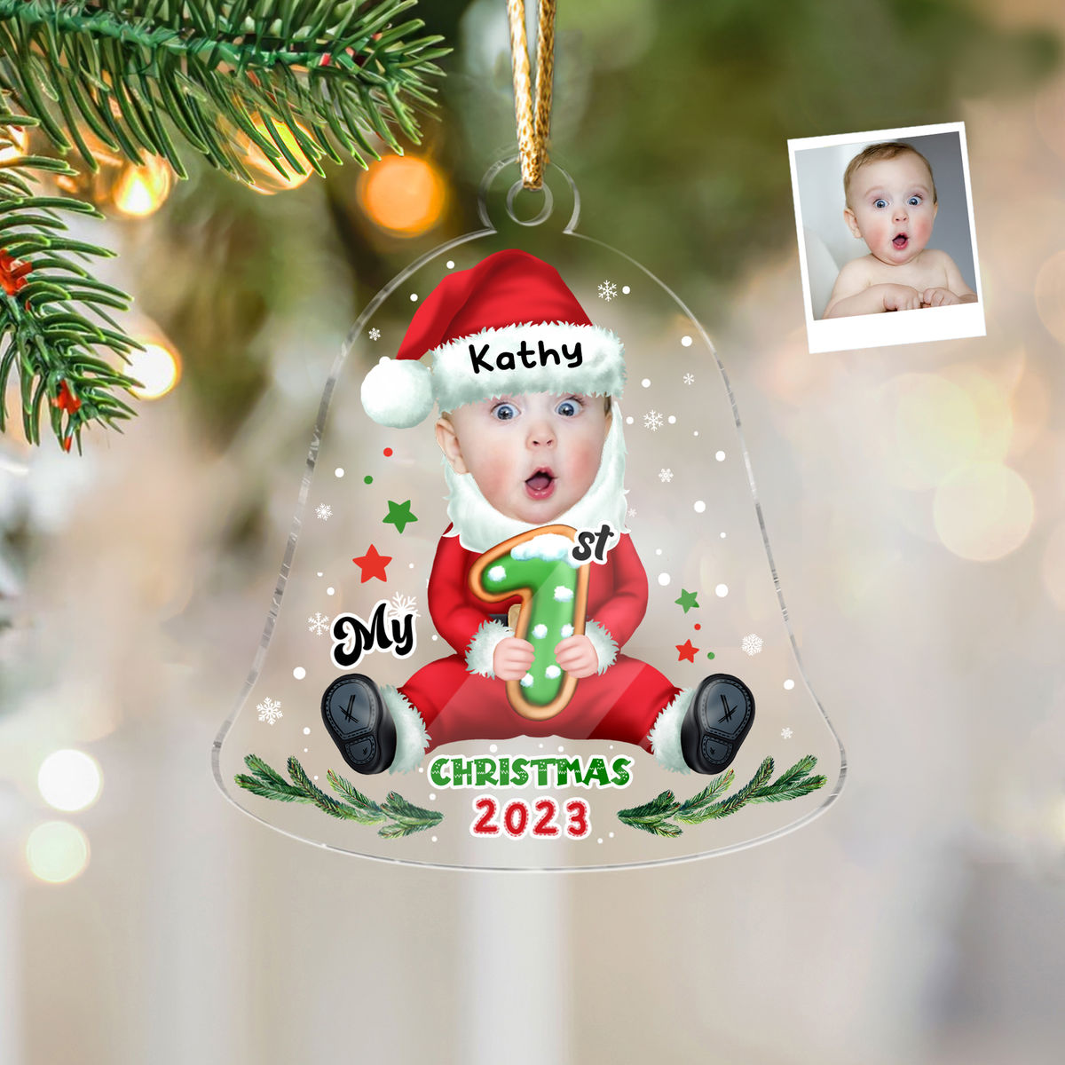 My First Xmas 2024 - Personalized Christmas Baby Photo Acrylic Christmas Bell Ornament