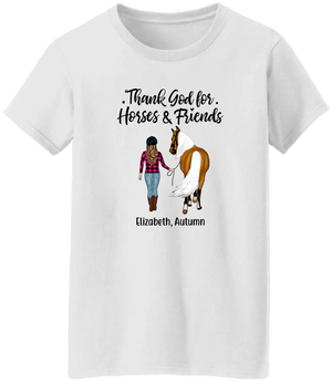 Personalized Pure Cotton T-shirt - Thank God for Horses & Friends - Gift for Horse Lovers