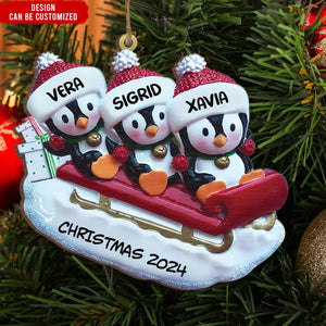 Penguin Family On Sled - Personalized Christmas Wood Ornament