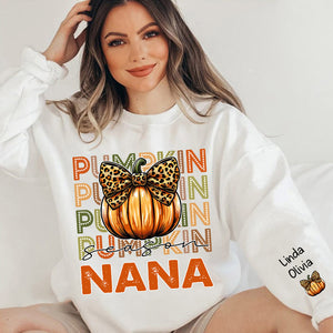 Pumpkin Season Grandma Kid Names On Sleeve - Personalized Sweatshirt