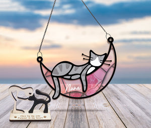 Personalized Window Hanging Suncatcher Ornament Gift - Sleeping Cat And Dog On Moon