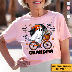 Grandma Ghost Riding Bike And Bat Kid Names - Personalized Halloween Spandex T-Shirt