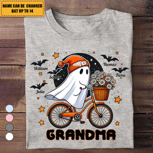 Grandma Ghost Riding Bike And Bat Kid Names - Personalized Halloween Spandex T-Shirt