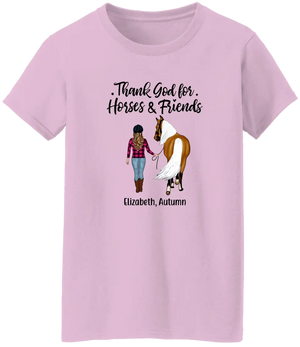 Personalized Pure Cotton T-shirt - Thank God for Horses & Friends - Gift for Horse Lovers