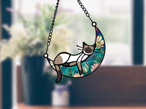 Personalized Window Hanging Suncatcher Ornament Gift - Sleeping Cat And Dog On Moon