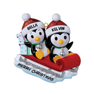 Penguin Family On Sled - Personalized Christmas Wood Ornament