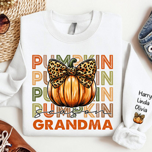 Pumpkin Season Grandma Kid Names On Sleeve - Personalized Sweatshirt