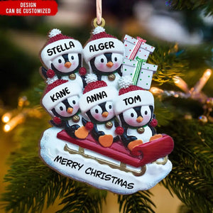 Penguin Family On Sled - Personalized Christmas Wood Ornament