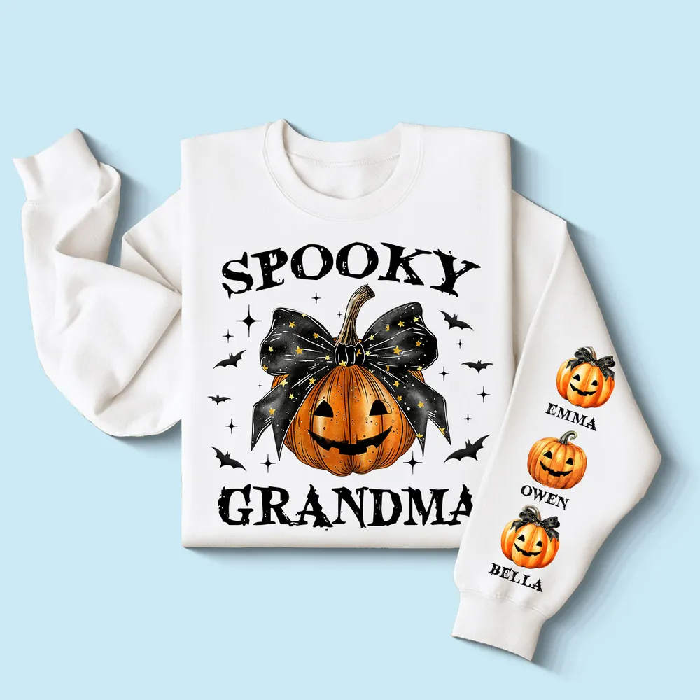 Personalized Sleeve Printed Sweatshirt - Spooky Grandma Mom Halloween Pumpkin