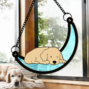 Personalized Window Hanging Suncatcher Ornament Gift - Sleeping Cat And Dog On Moon