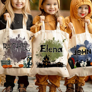 Personalized Halloween  Canvas Tote Bag - Pumpkin Witch Black Cat Castle Skeleton Ghost