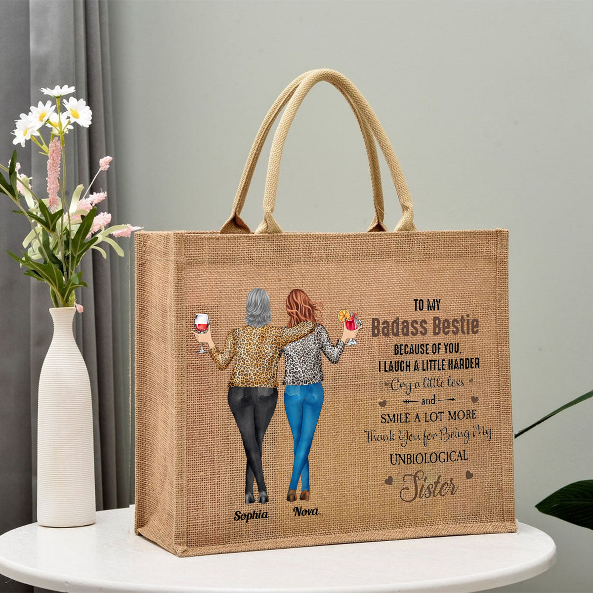 Because Of You I Laugh A Little Harder - Personalized Jute Tote Bag Gift For Friend Bestie