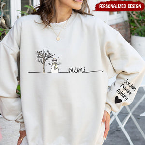 Mimi Christmas Snowman And Grandkid Names On Sleeve - Family Personalized Sweatshirt