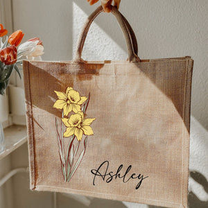 Personalized Birth Flower Beach Jute Tote Bag