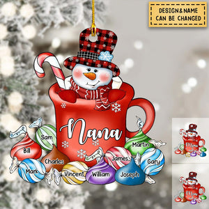 Personalized Hot Cocoa Cup Grandma Snowman With Little Grandkids  Acrylic Ornament