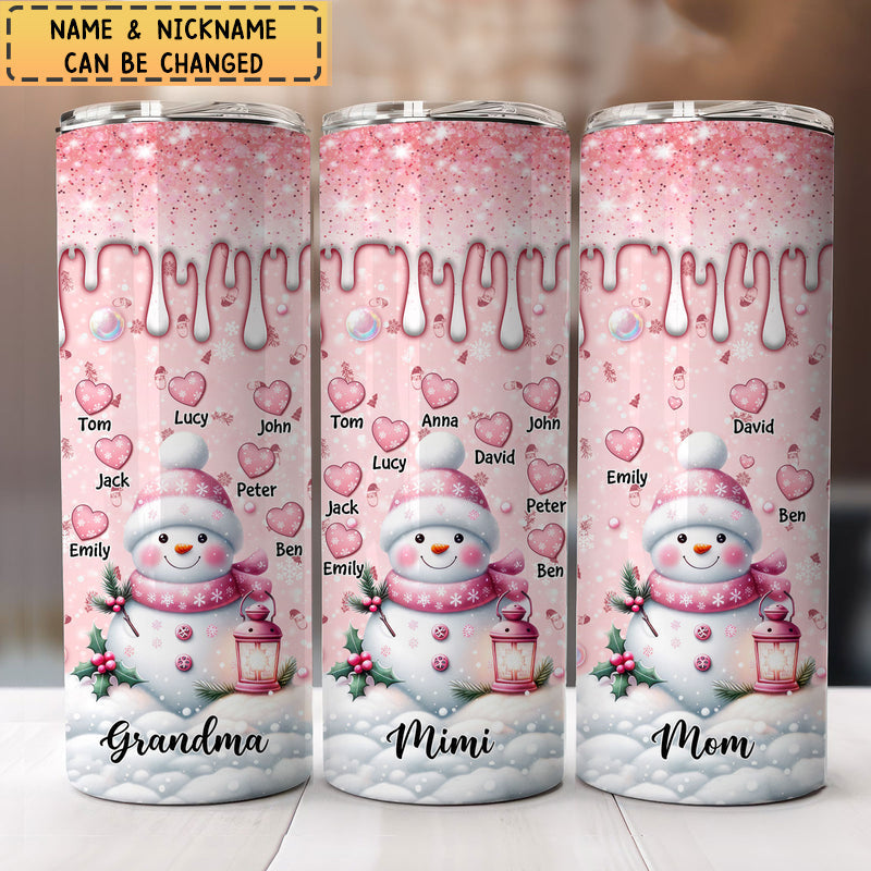 Sparkling Sweet Pinky Snowman Grandma Mom Heart Kids Personalized Skinny Tumbler