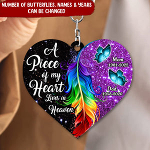 A Piece Of My Heart Lives In Heaven Butterfly Feather Personalized Memorial Heart Keychain