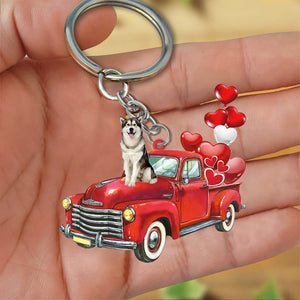 Alaskan Malamute-Red Sports Car flat Acrylic Keychain