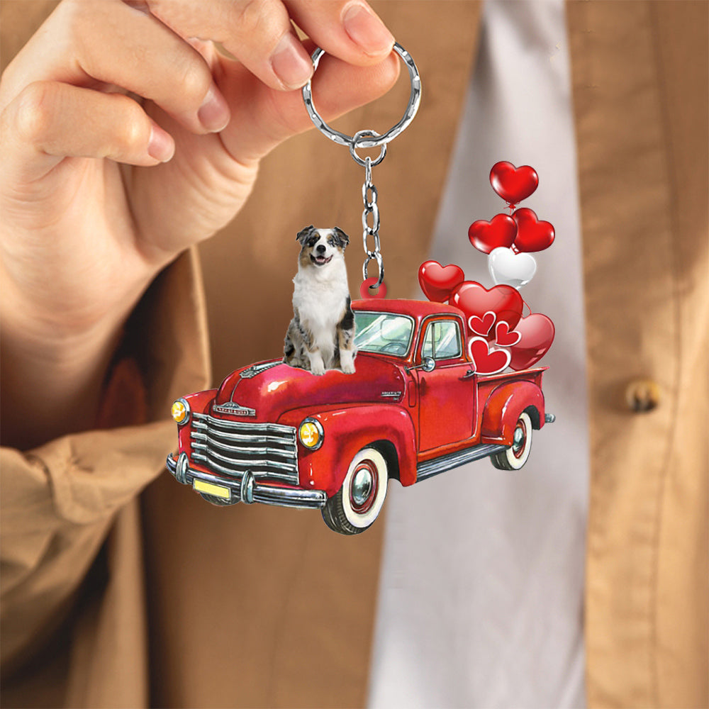 Australian Shepherd-Red Sports Car flat Acrylic Keychain