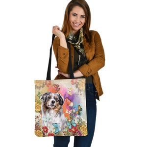 Australian Shepherd 2 And Butterflies-Cloth Tote Bag