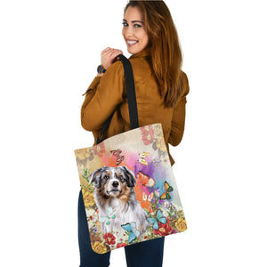 Australian Shepherd 2 And Butterflies-Cloth Tote Bag