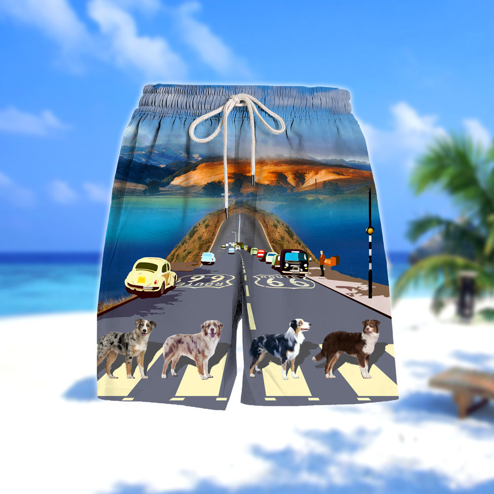 Australian Shepherd Cross the road- Men Hawaii Beach Shorts