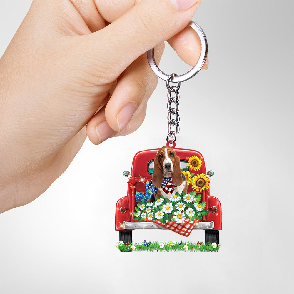 Basset Hound-Red Truck Flat Acrylic Keychain