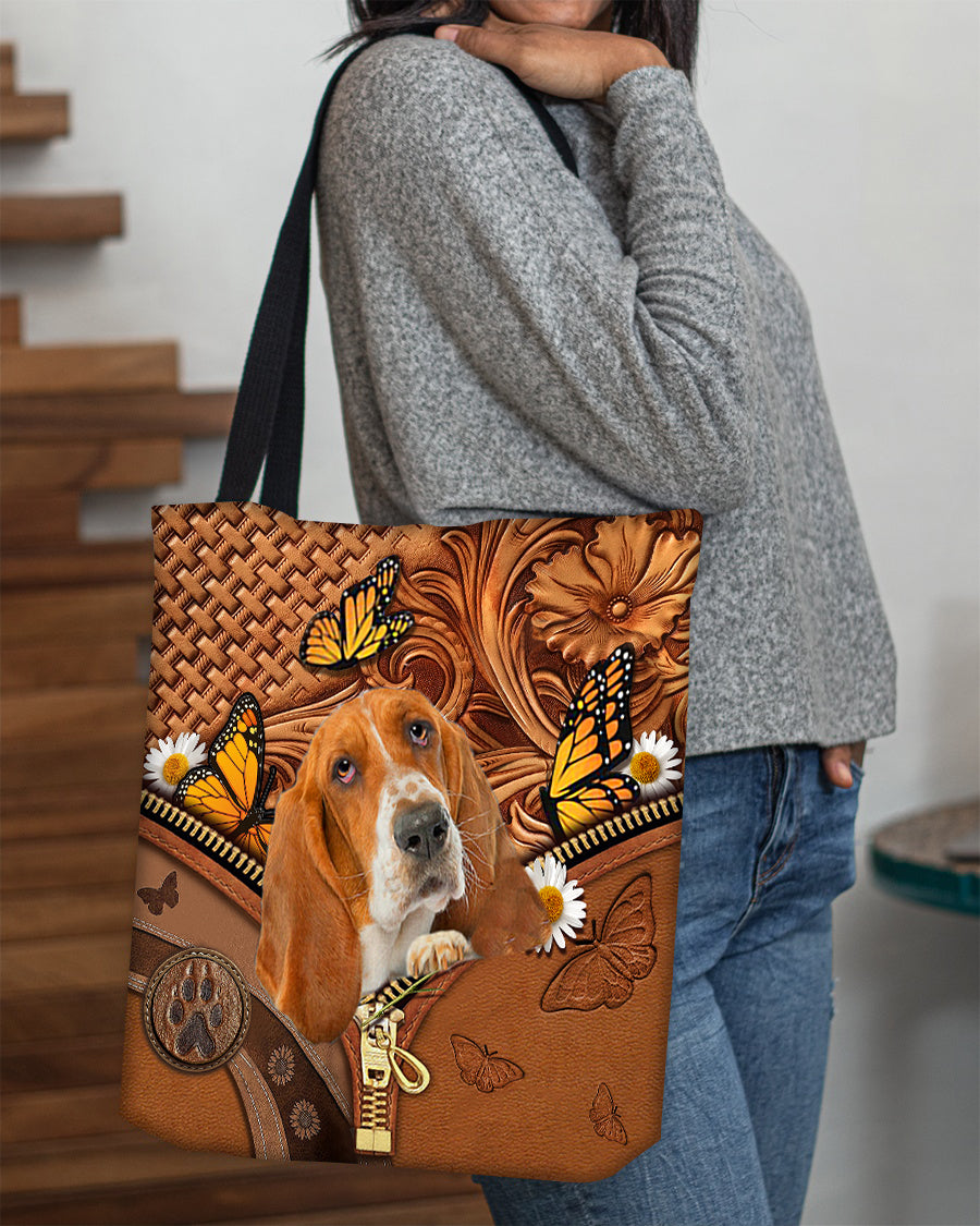 Basset hound Butterfly Daisy Cloth Tote Bag