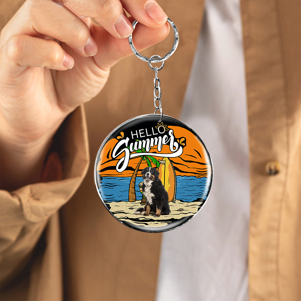 Bernese Mountain (2) Hello Summer-Round Resin Epoxy Metal Keychain