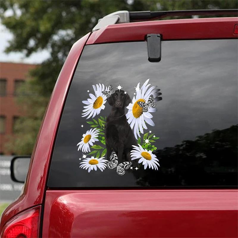 Black Flat-coated Retriever-Daisy flower CAR STICKER