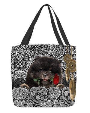 Black Pomeranian-Rose Cloth Tote Bag