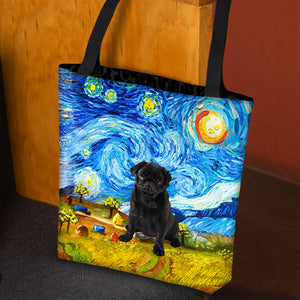 Black Pug-Oil Painting-Cloth Tote Bag