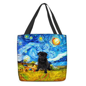 Black Pug-Oil Painting-Cloth Tote Bag