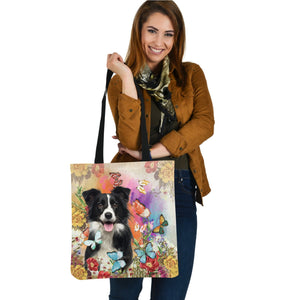 Border Collie And Butterflies-Cloth Tote Bag