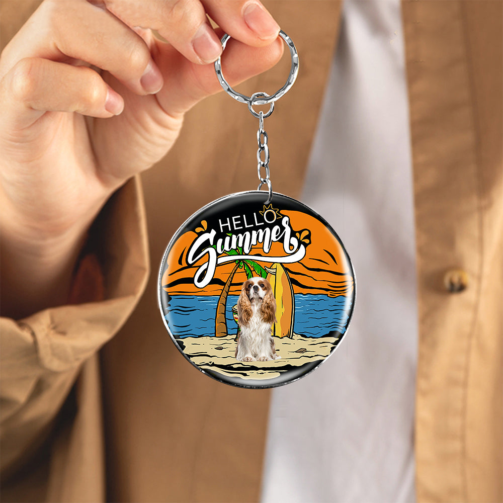 Cavalier King Charles Spaniel Hello Summer-Round Resin Epoxy Metal Keychain