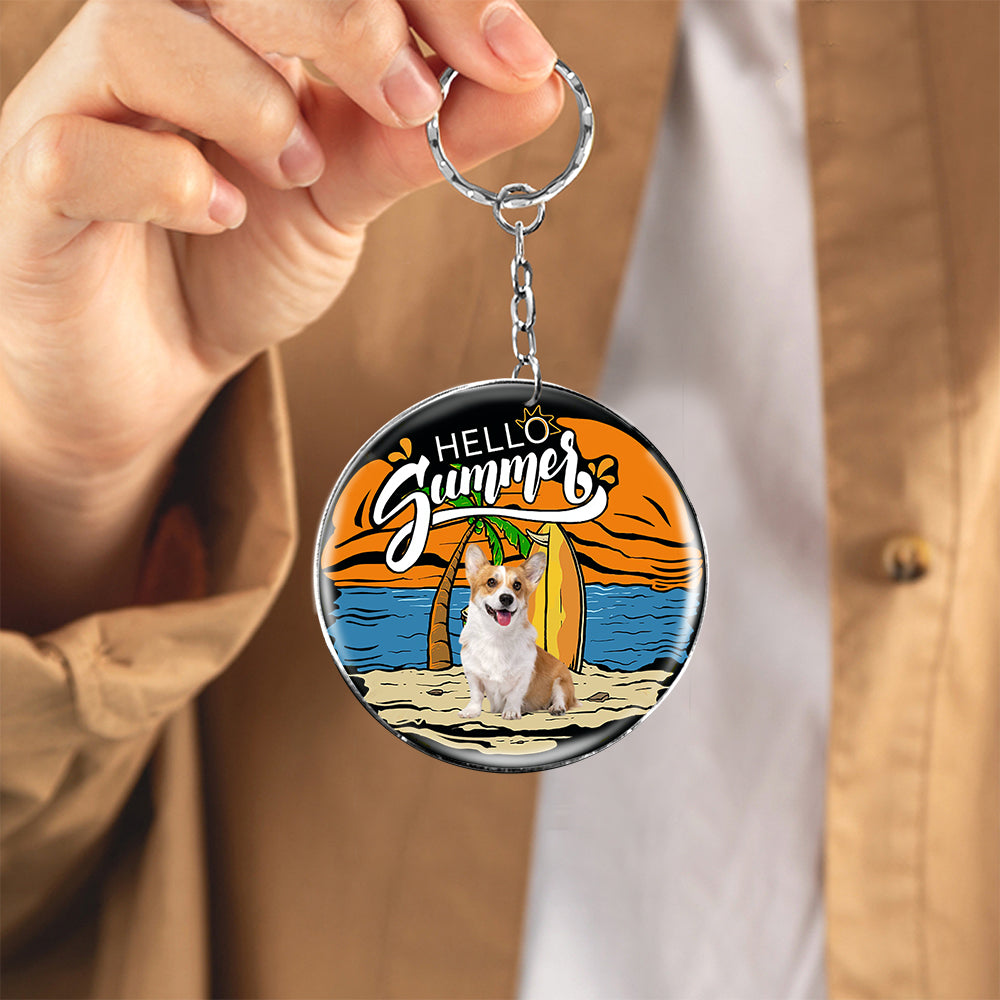 Corgi Hello Summer-Round Resin Epoxy Metal Keychain