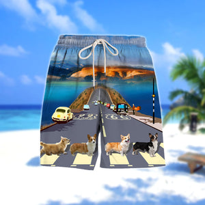 Corgi Cross the road- Men Hawaii Beach Shorts